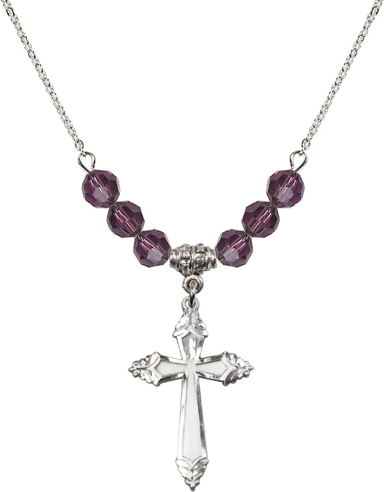 Sterling Silver Cross Birthstone Necklace with Amethyst Beads - 0665