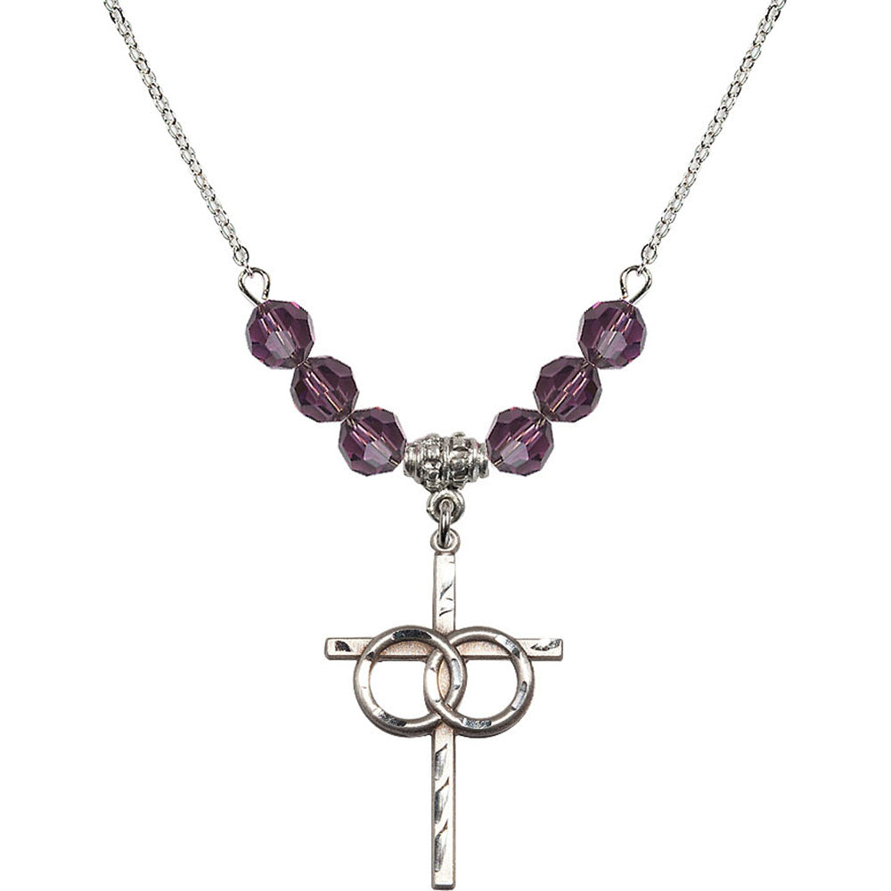 Sterling Silver Wedding Rings Cross Birthstone Necklace with Amethyst Beads - 0671