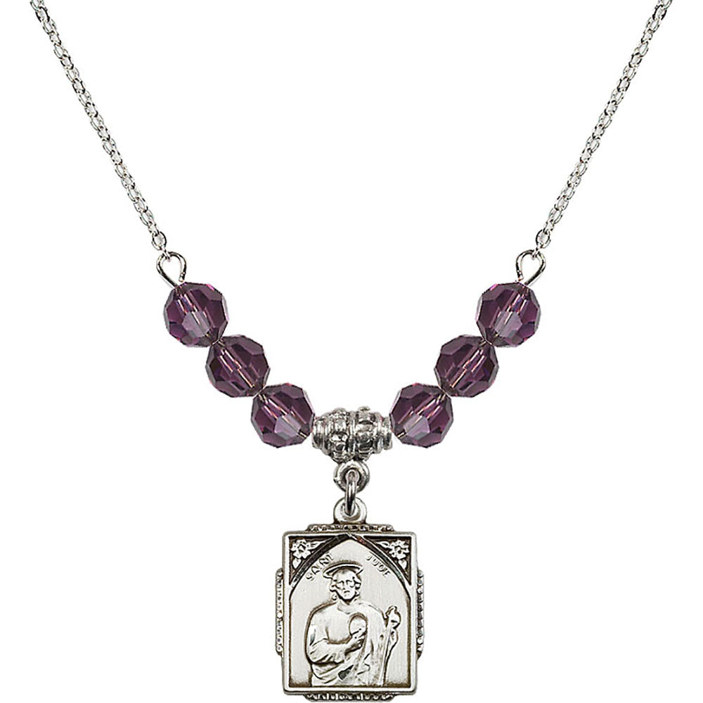 Sterling Silver Saint Jude Birthstone Necklace with Amethyst Beads - 0804