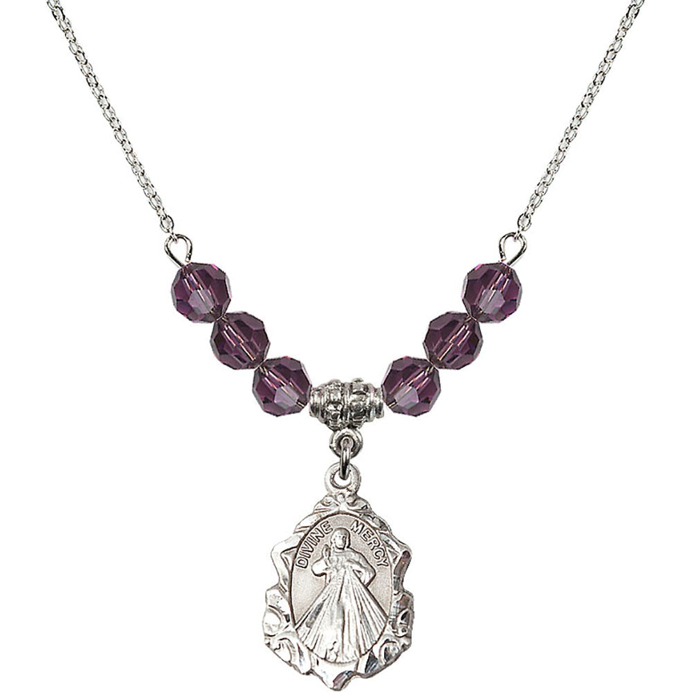 Sterling Silver Divine Mercy Birthstone Necklace with Amethyst Beads - 0822
