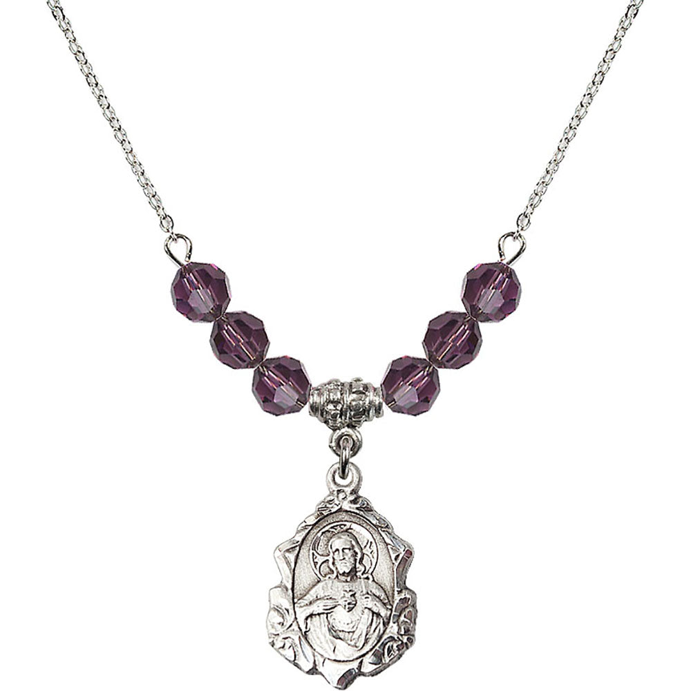 Sterling Silver Scapular Birthstone Necklace with Amethyst Beads - 0822