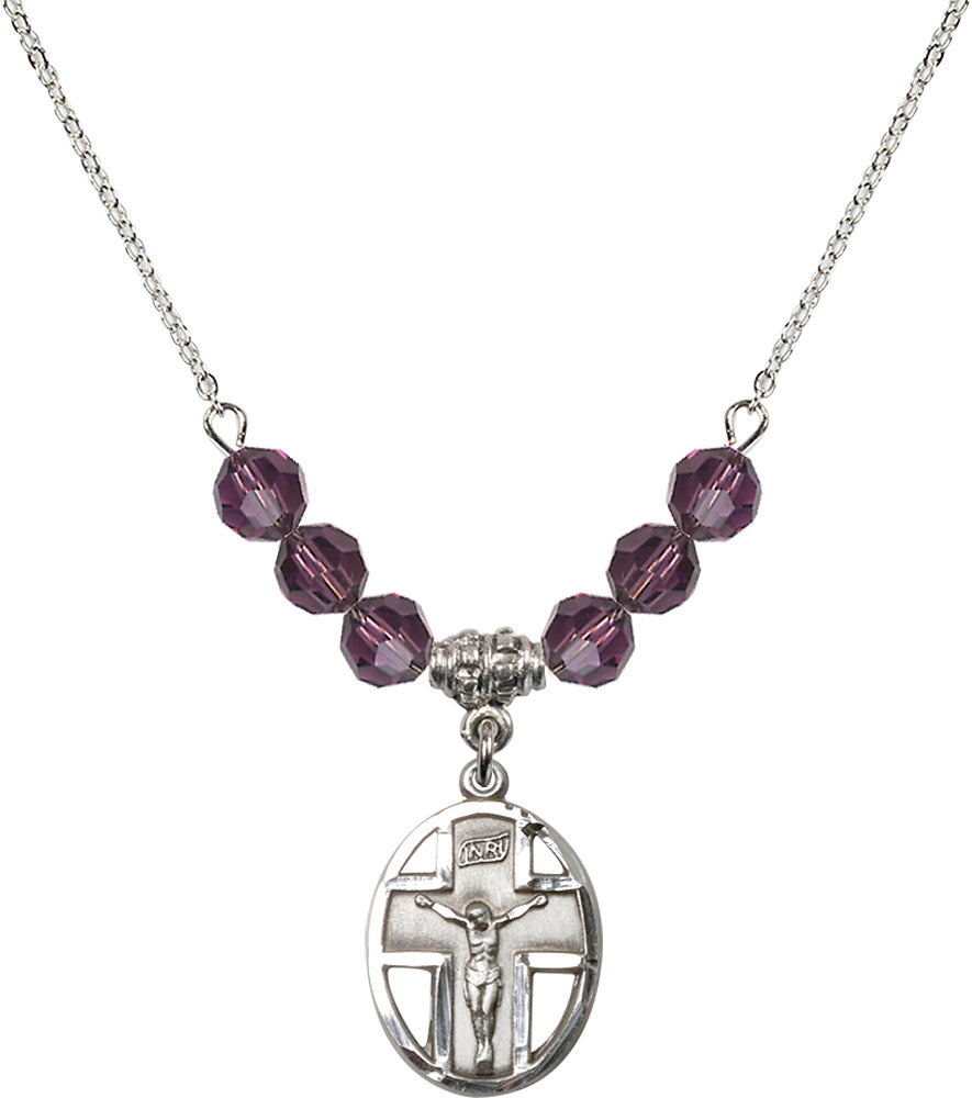 Sterling Silver Crucifix Birthstone Necklace with Amethyst Beads - 0878