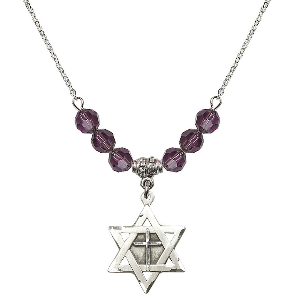 Sterling Silver Star of David w/ Cross Birthstone Necklace with Amethyst Beads - 1210