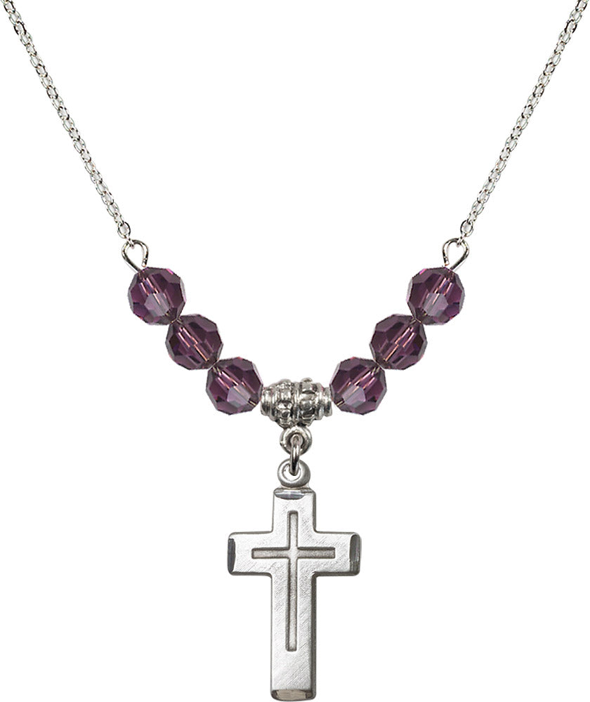 Sterling Silver Cross Birthstone Necklace with Amethyst Beads - 1529