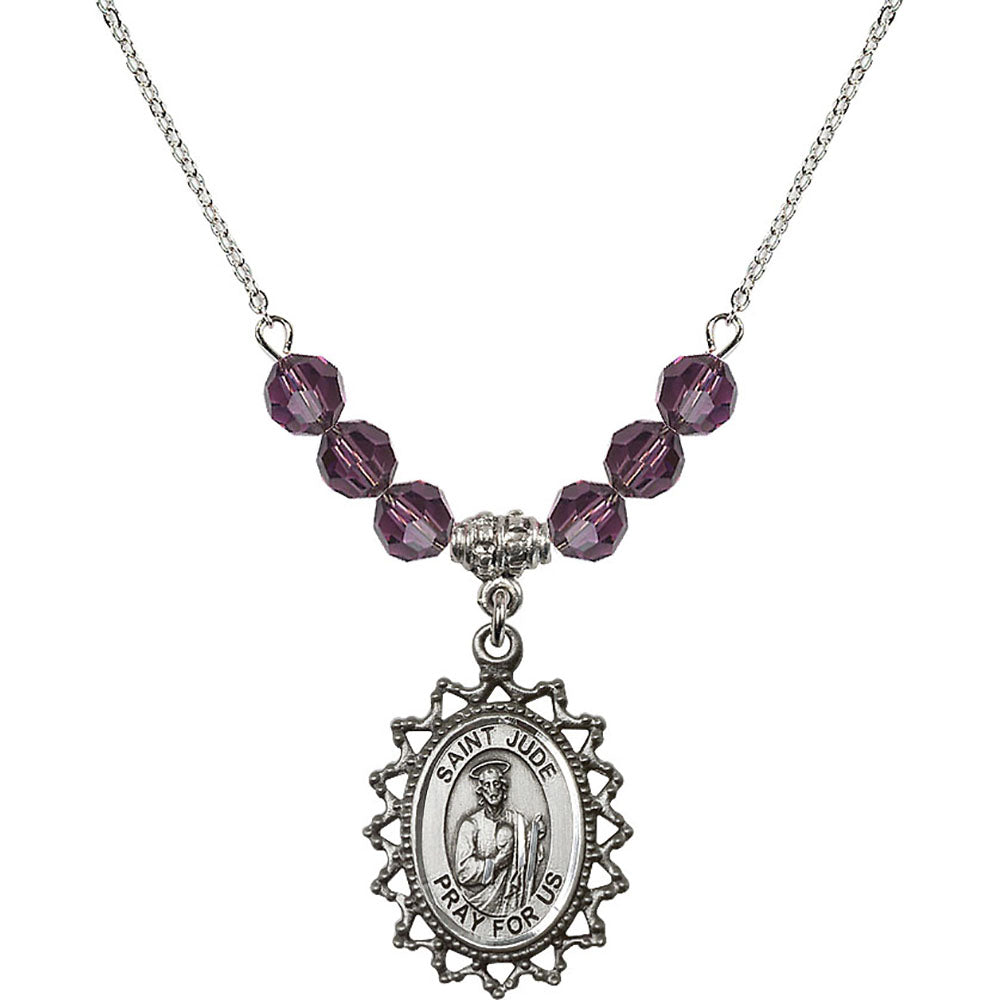 Sterling Silver Saint Jude Birthstone Necklace with Amethyst Beads - 1619