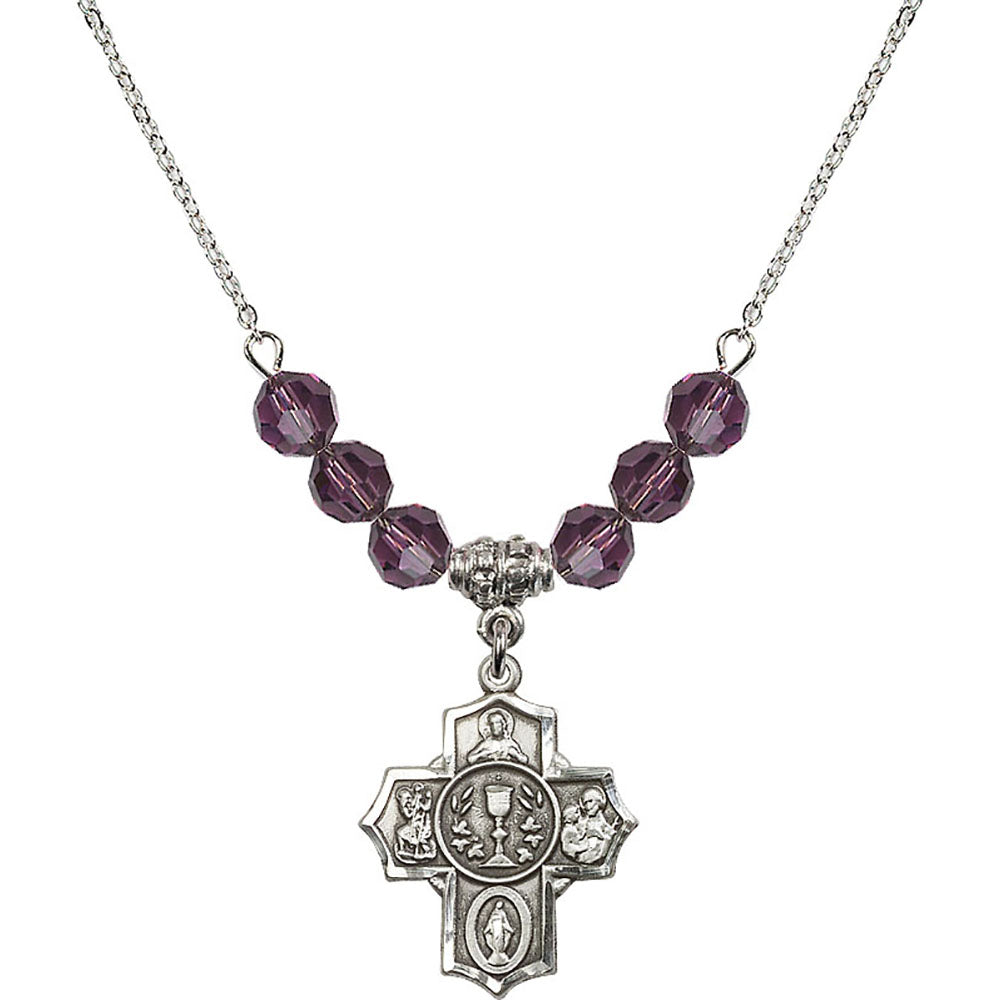Sterling Silver Communion/5-Way Birthstone Necklace with Amethyst Beads - 2004