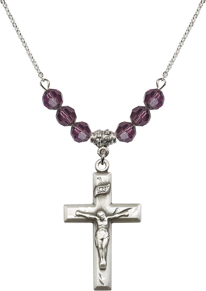 Sterling Silver Crucifix Birthstone Necklace with Amethyst Beads - 2186