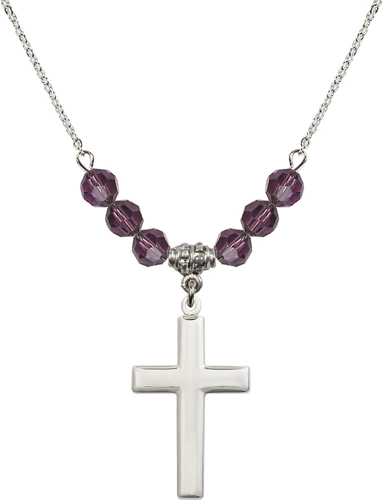 Sterling Silver Cross Birthstone Necklace with Amethyst Beads - 2190