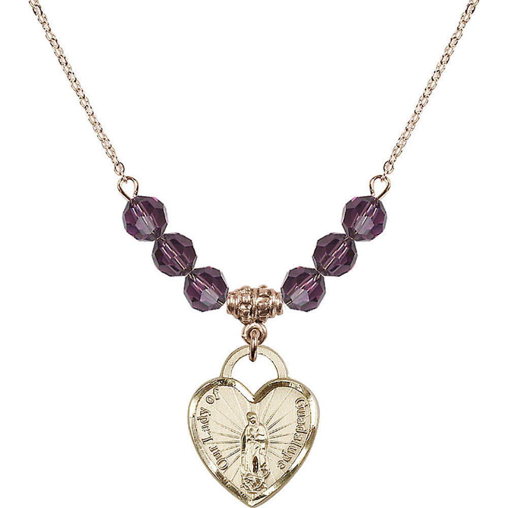 14kt Gold Filled Our Lady of Guadalupe Heart / Recuerdo Birthstone Necklace with Amethyst Beads - 3209