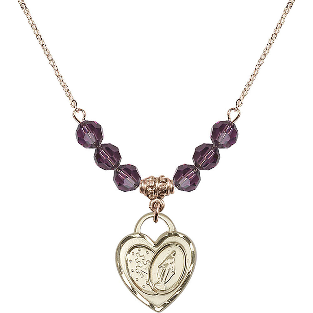 14kt Gold Filled Miraculous Heart Birthstone Necklace with Amethyst Beads - 3212