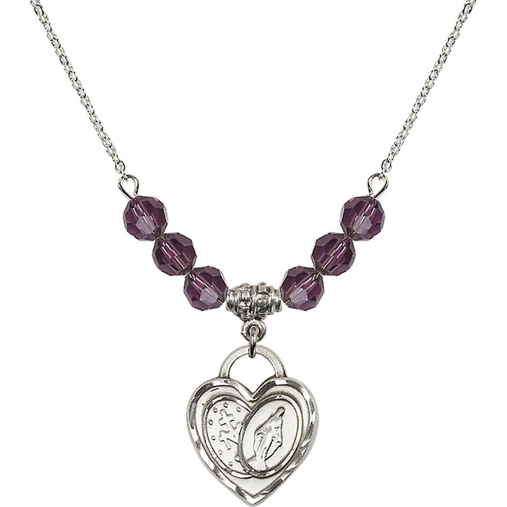 Sterling Silver Miraculous Heart Birthstone Necklace with Amethyst Beads - 3212