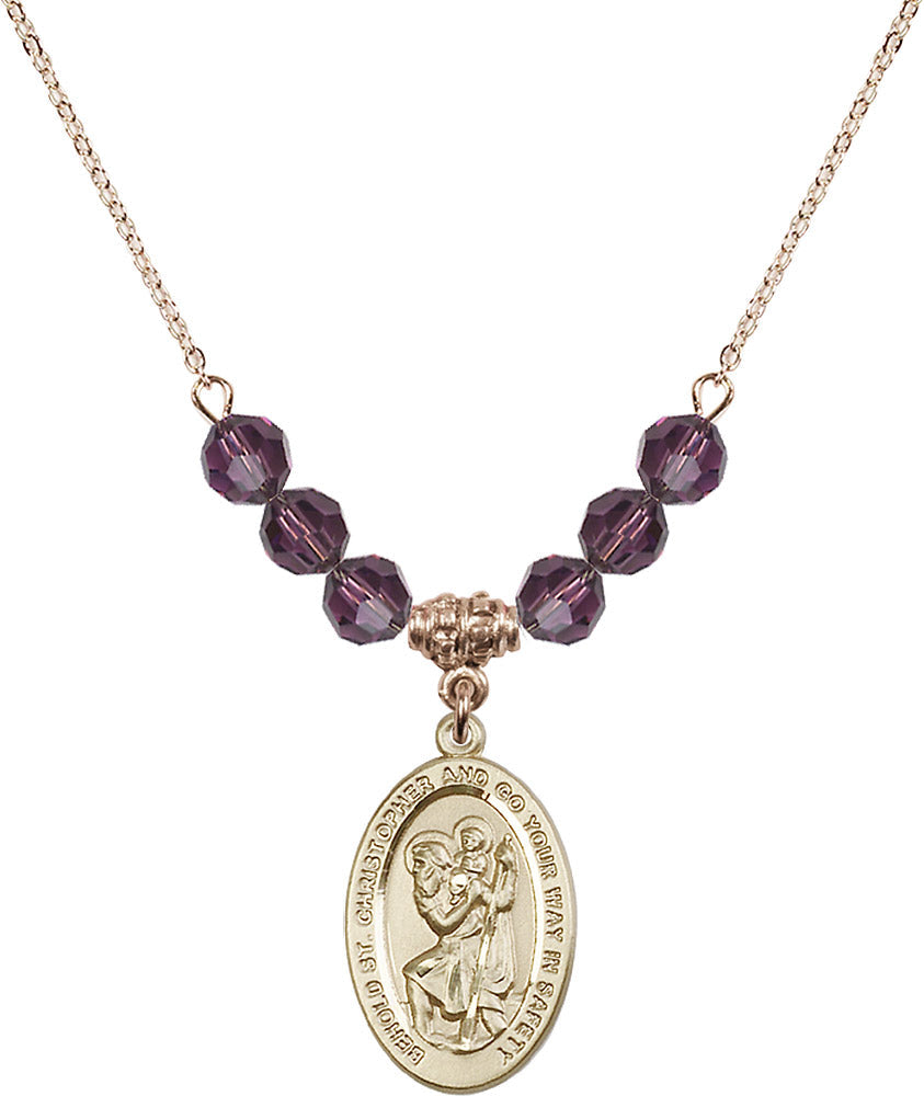 14kt Gold Filled Saint Christopher Birthstone Necklace with Amethyst Beads - 4123