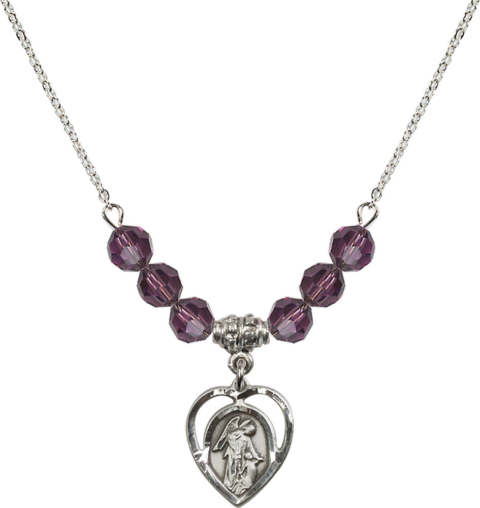 Sterling Silver Guardian Angel Birthstone Necklace with Amethyst Beads - 4129