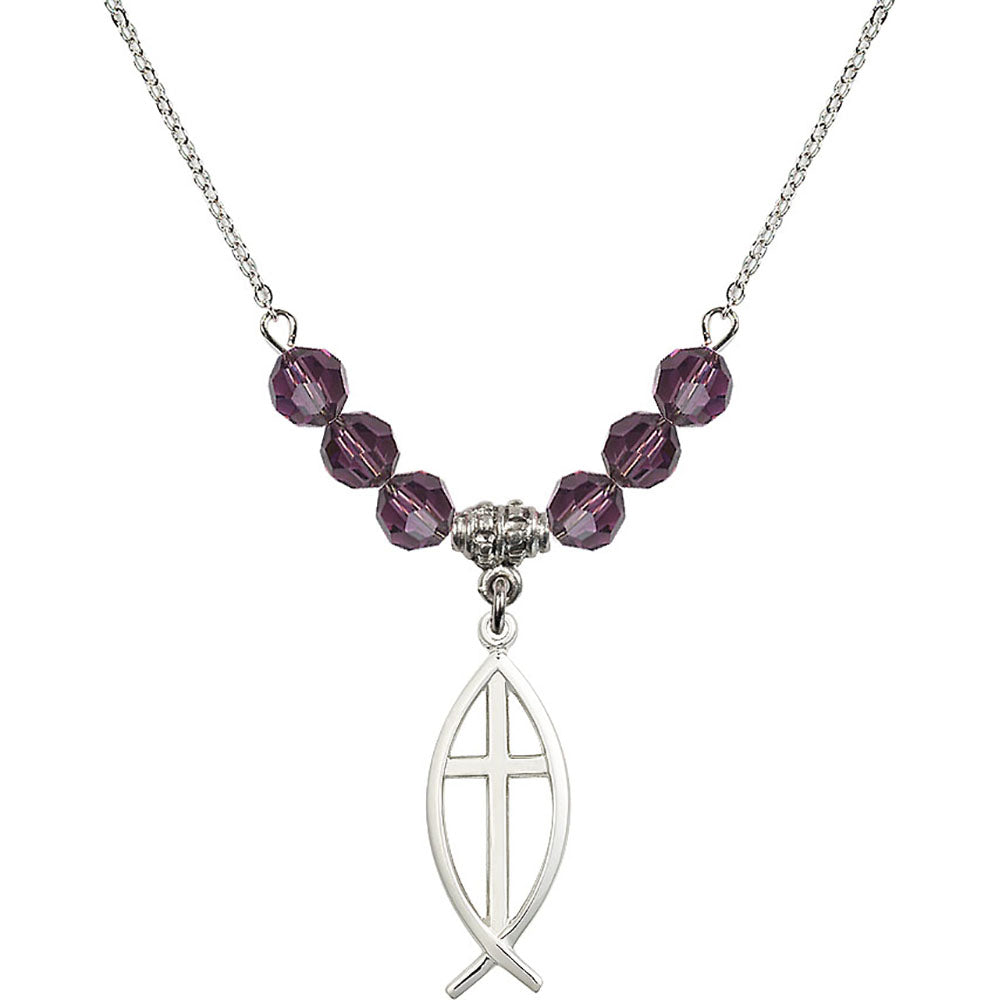 Sterling Silver Fish / Cross Birthstone Necklace with Amethyst Beads - 4252