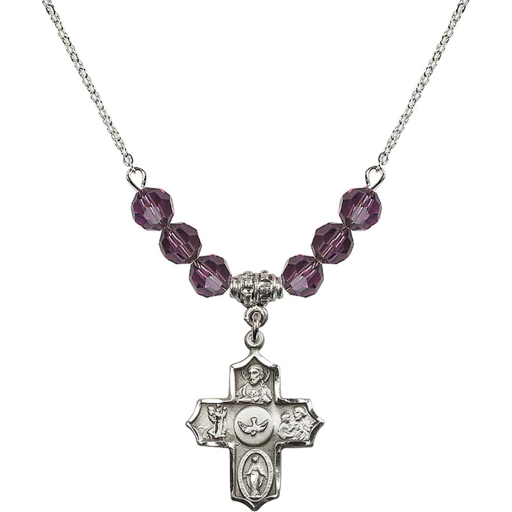 Sterling Silver 5-Way Birthstone Necklace with Amethyst Beads - 4255
