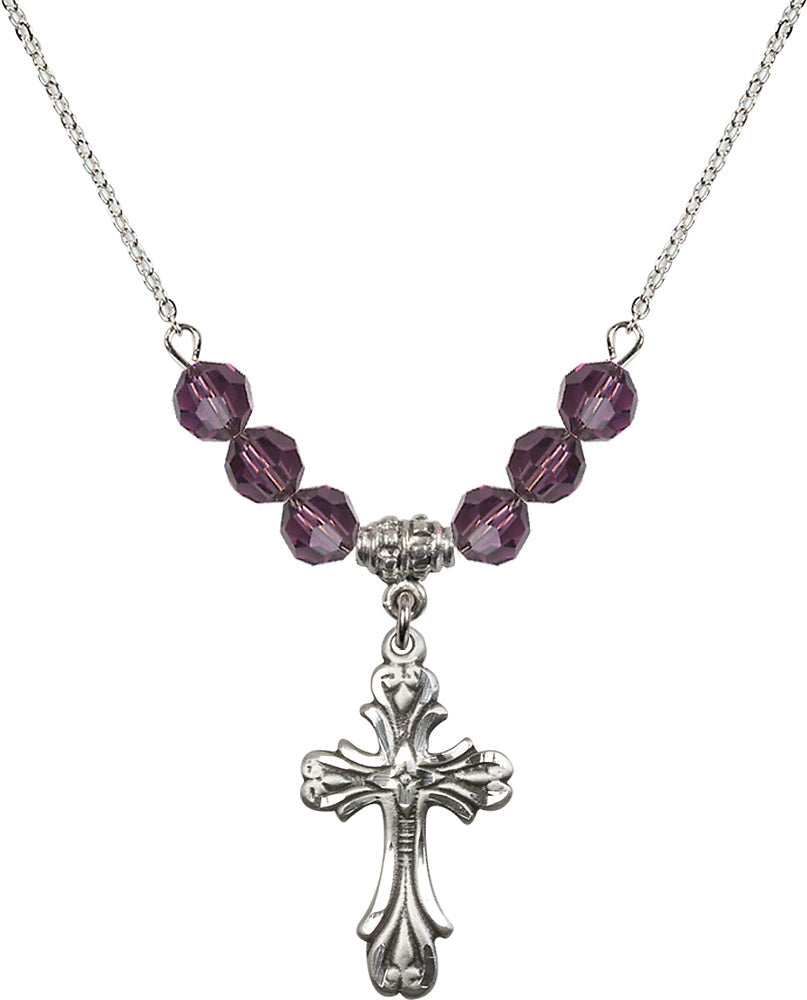 Sterling Silver Cross Birthstone Necklace with Amethyst Beads - 5419