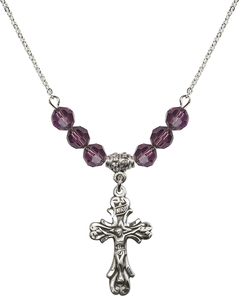 Sterling Silver Crucifix Birthstone Necklace with Amethyst Beads - 5421