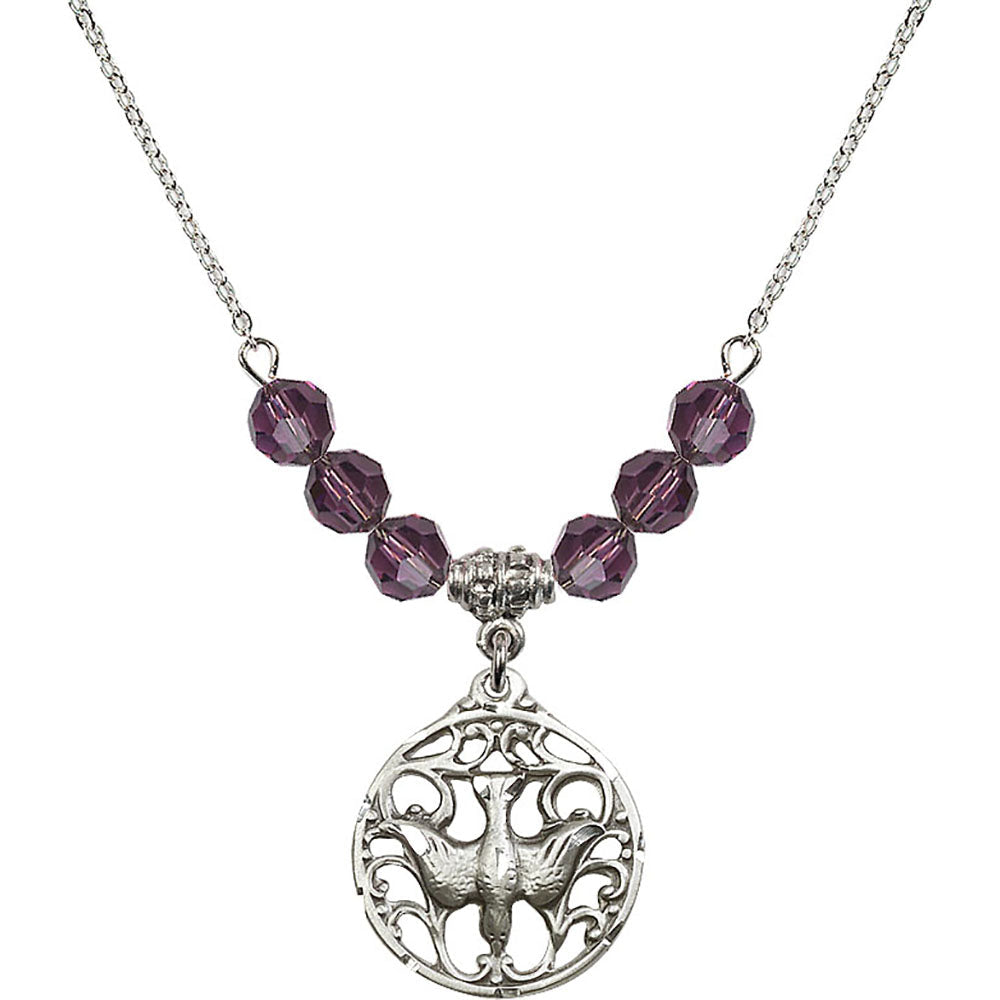 Sterling Silver Holy Spirit Birthstone Necklace with Amethyst Beads - 5655