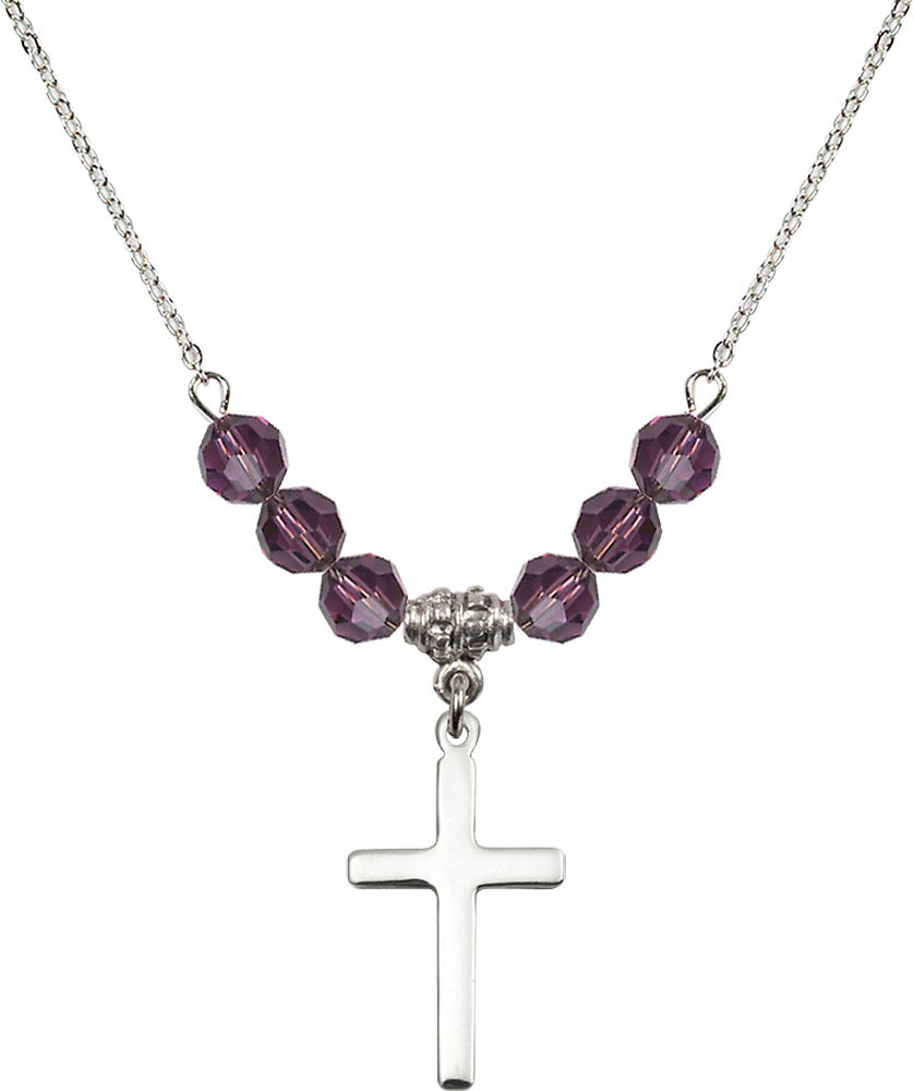 Sterling Silver Cross Birthstone Necklace with Amethyst Beads - 5670
