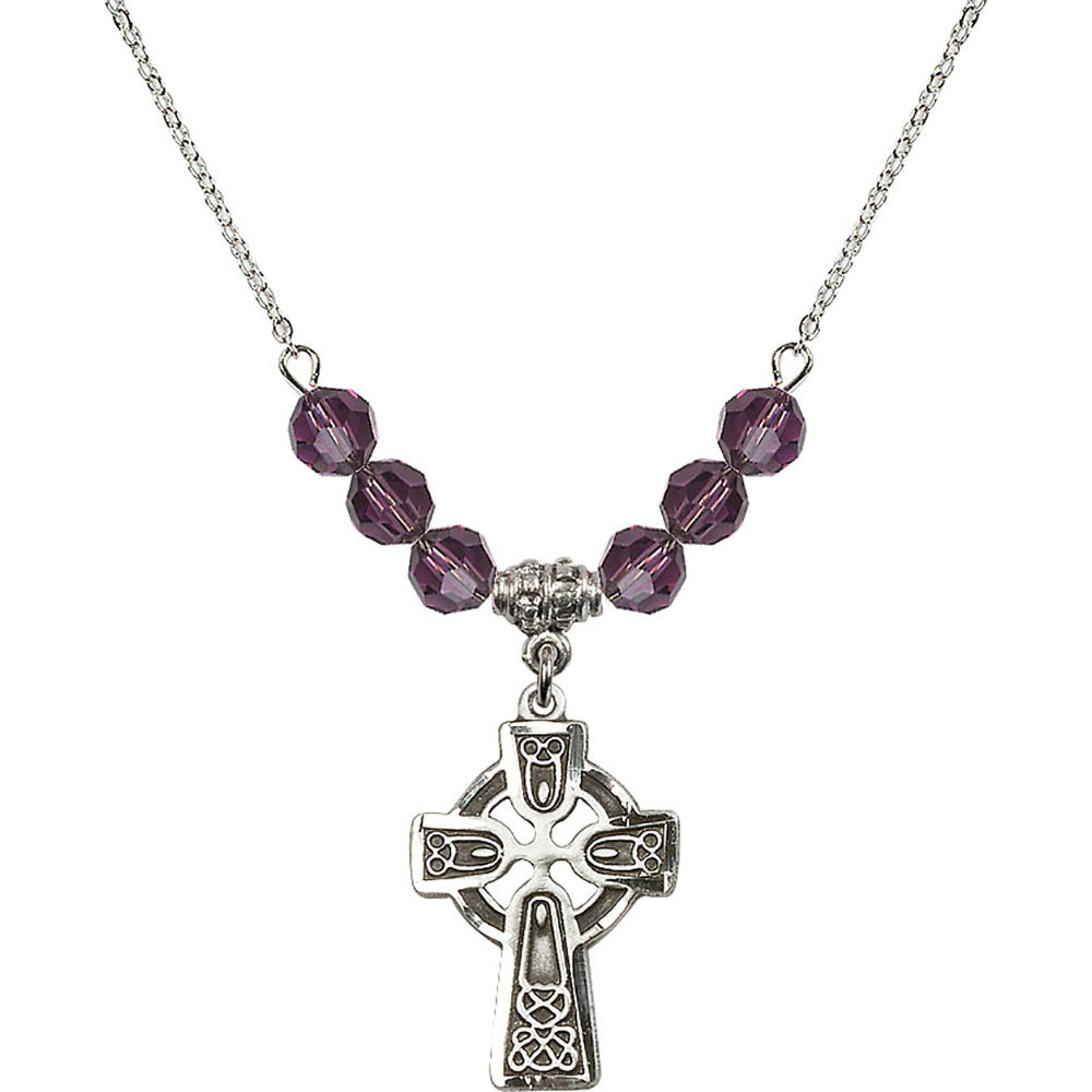 Sterling Silver Celtic Cross Birthstone Necklace with Amethyst Beads - 5689
