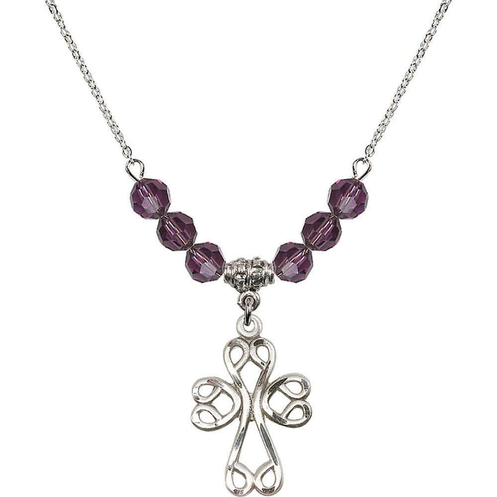 Sterling Silver Scroll Cross Birthstone Necklace with Amethyst Beads - 5998