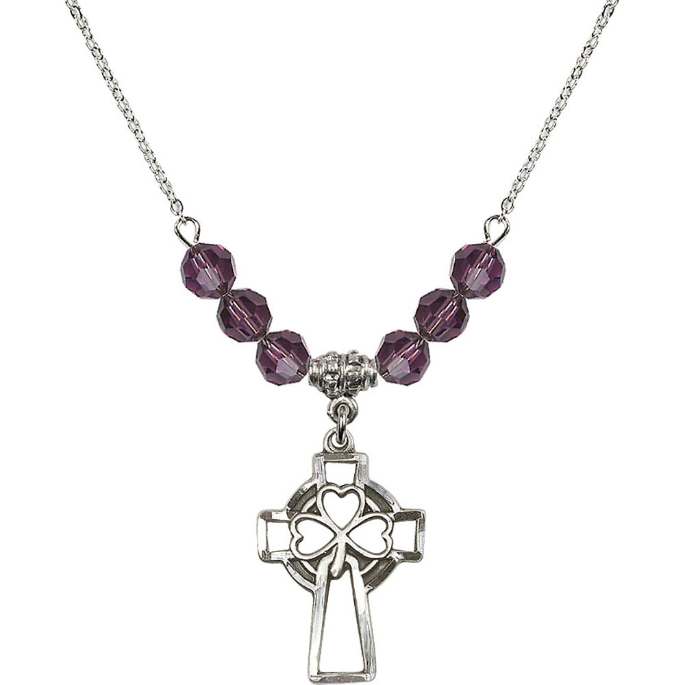 Sterling Silver Shamrock Cross Birthstone Necklace with Amethyst Beads - 5999