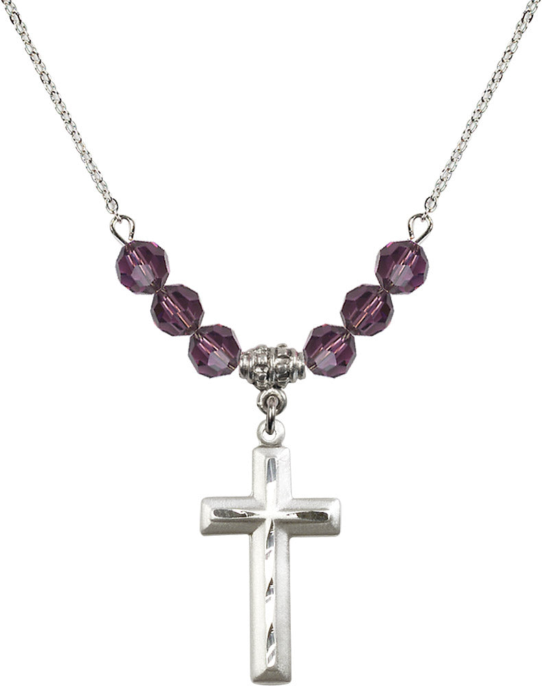 Sterling Silver Cross Birthstone Necklace with Amethyst Beads - 6000