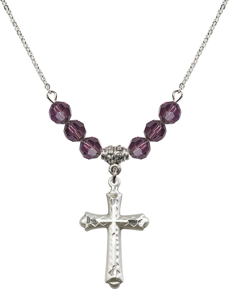 Sterling Silver Cross Birthstone Necklace with Amethyst Beads - 6007