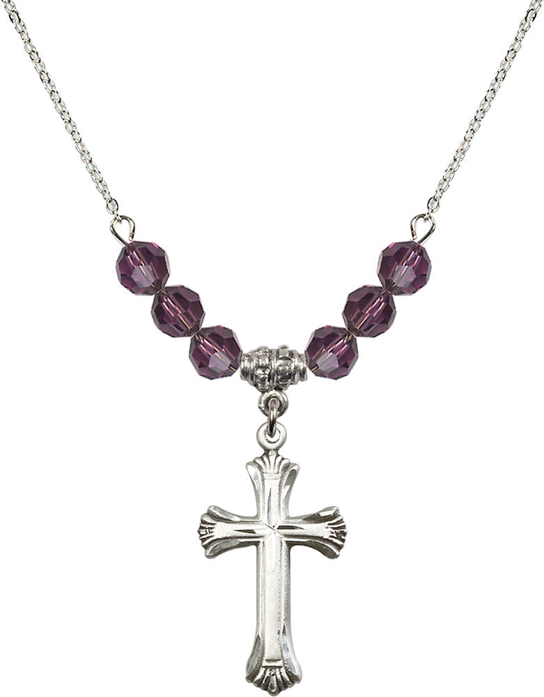 Sterling Silver Cross Birthstone Necklace with Amethyst Beads - 6013