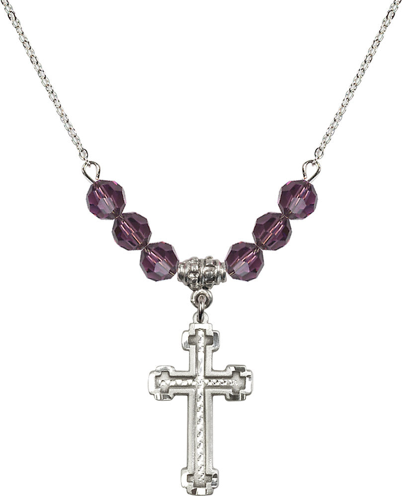 Sterling Silver Cross Birthstone Necklace with Amethyst Beads - 6039