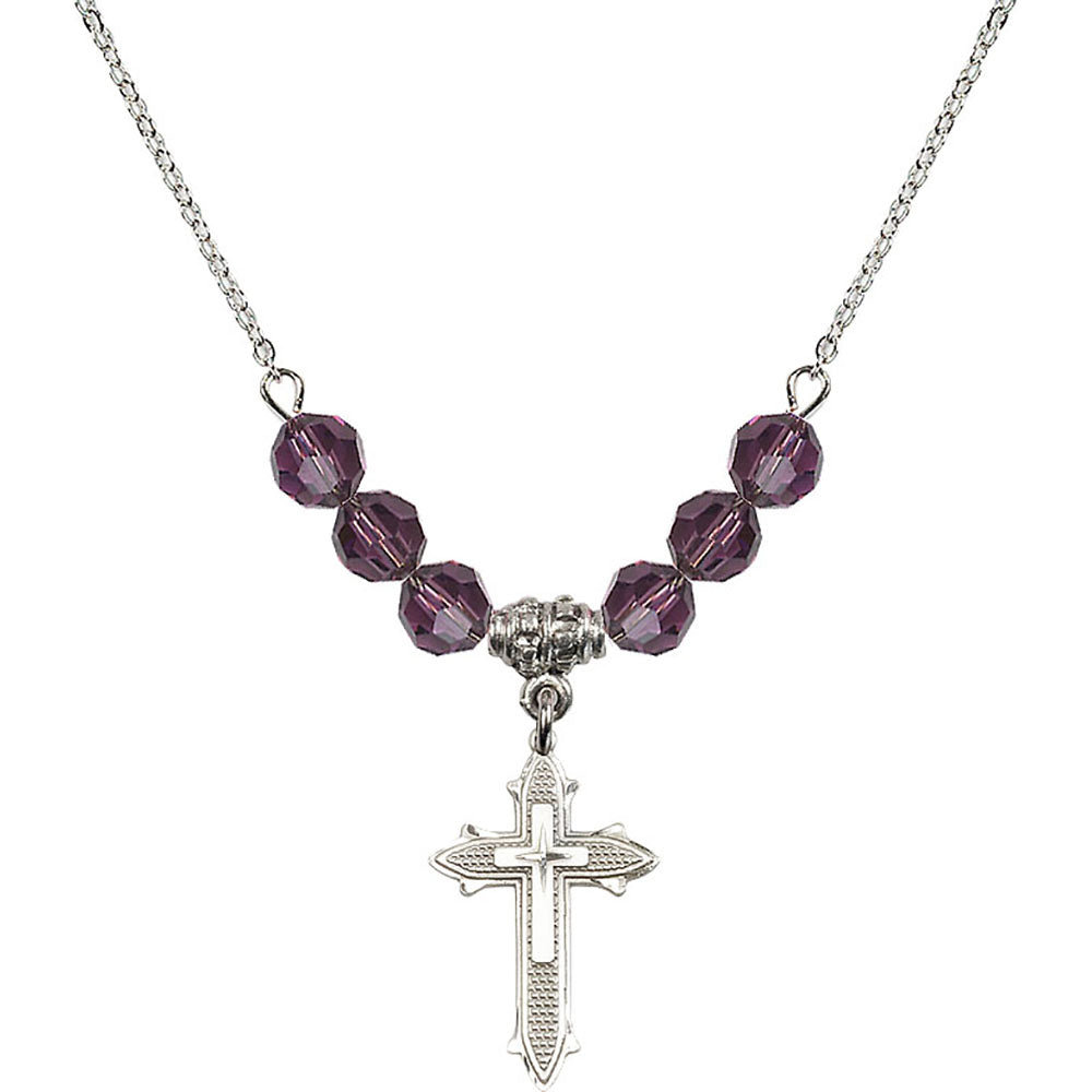 Sterling Silver Cross on Cross Birthstone Necklace with Amethyst Beads - 6058