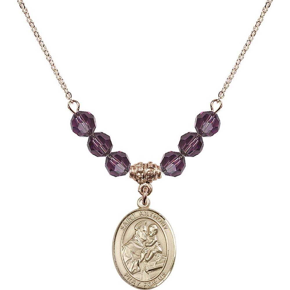 14kt Gold Filled Saint Anthony of Padua Birthstone Necklace with Amethyst Beads - 8004
