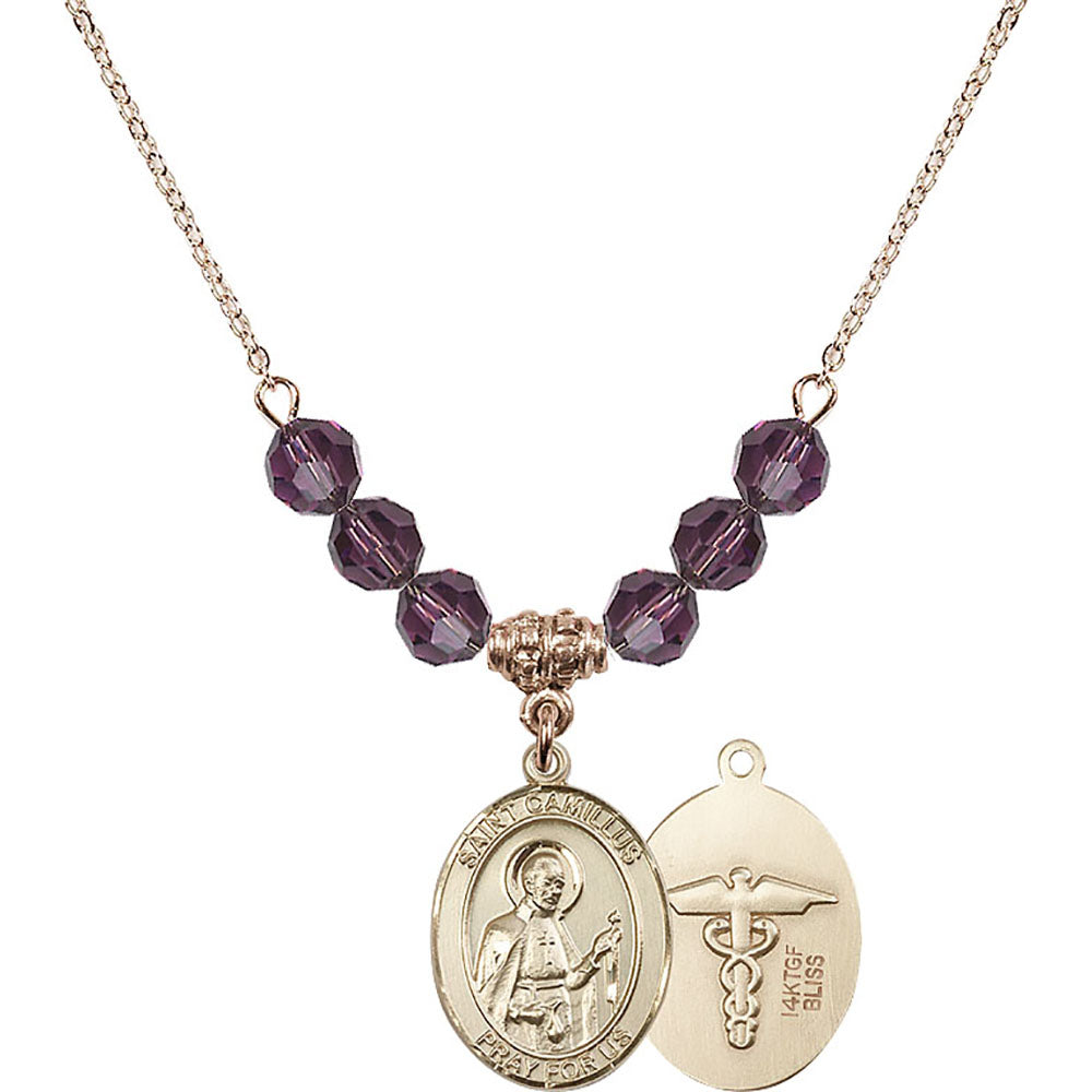 14kt Gold Filled Saint Camillus of Lellis / Nurse Birthstone Necklace with Amethyst Beads - 8019