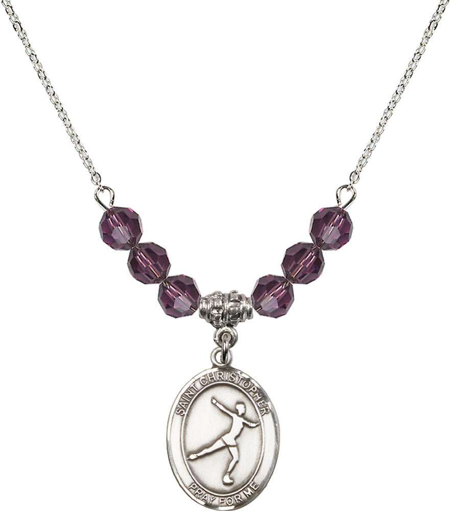 Sterling Silver Saint Christopher/Figure Skating Birthstone Necklace with Amethyst Beads - 8139