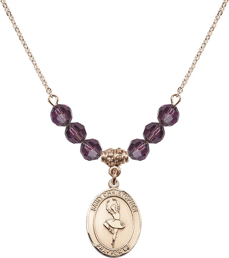 14kt Gold Filled Saint Christopher/Dance Birthstone Necklace with Amethyst Beads - 8143