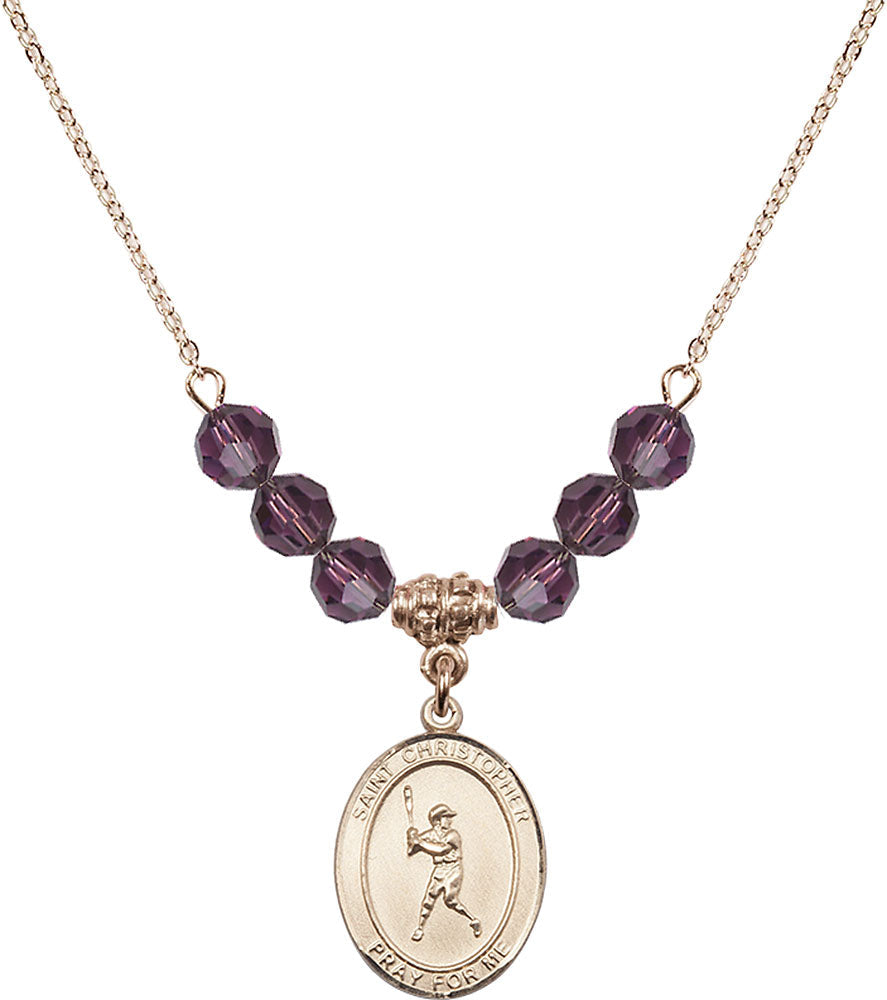 14kt Gold Filled Saint Christopher/Baseball Birthstone Necklace with Amethyst Beads - 8150