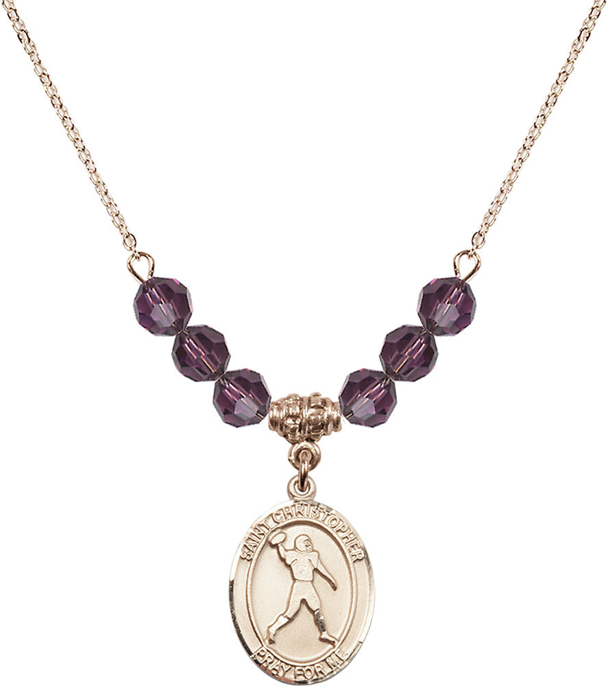 14kt Gold Filled Saint Christopher/Football Birthstone Necklace with Amethyst Beads - 8151