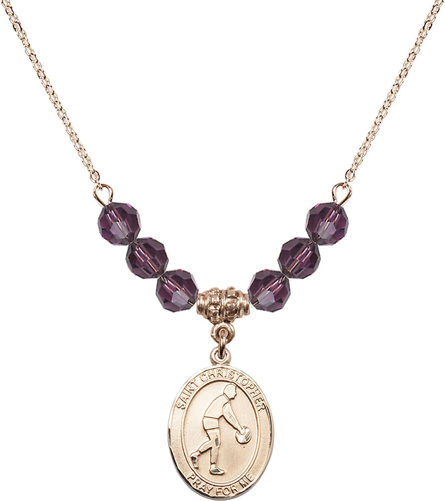 14kt Gold Filled Saint Christopher/Basketball Birthstone Necklace with Amethyst Beads - 8153