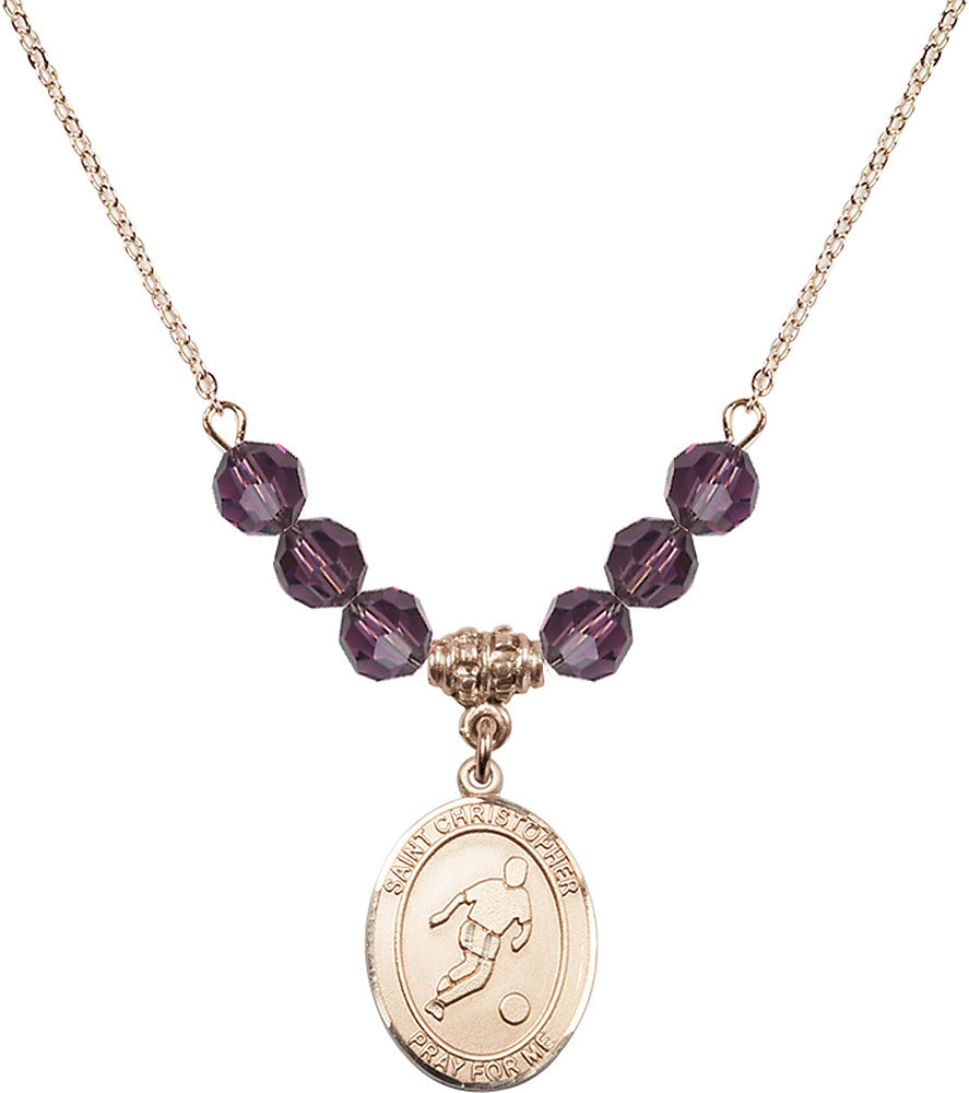 14kt Gold Filled Saint Christopher/Soccer Birthstone Necklace with Amethyst Beads - 8154