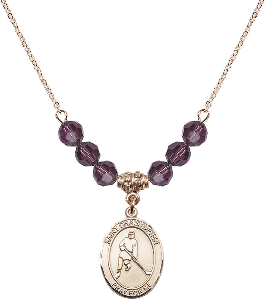 14kt Gold Filled Saint Christopher/Ice Hockey Birthstone Necklace with Amethyst Beads - 8155