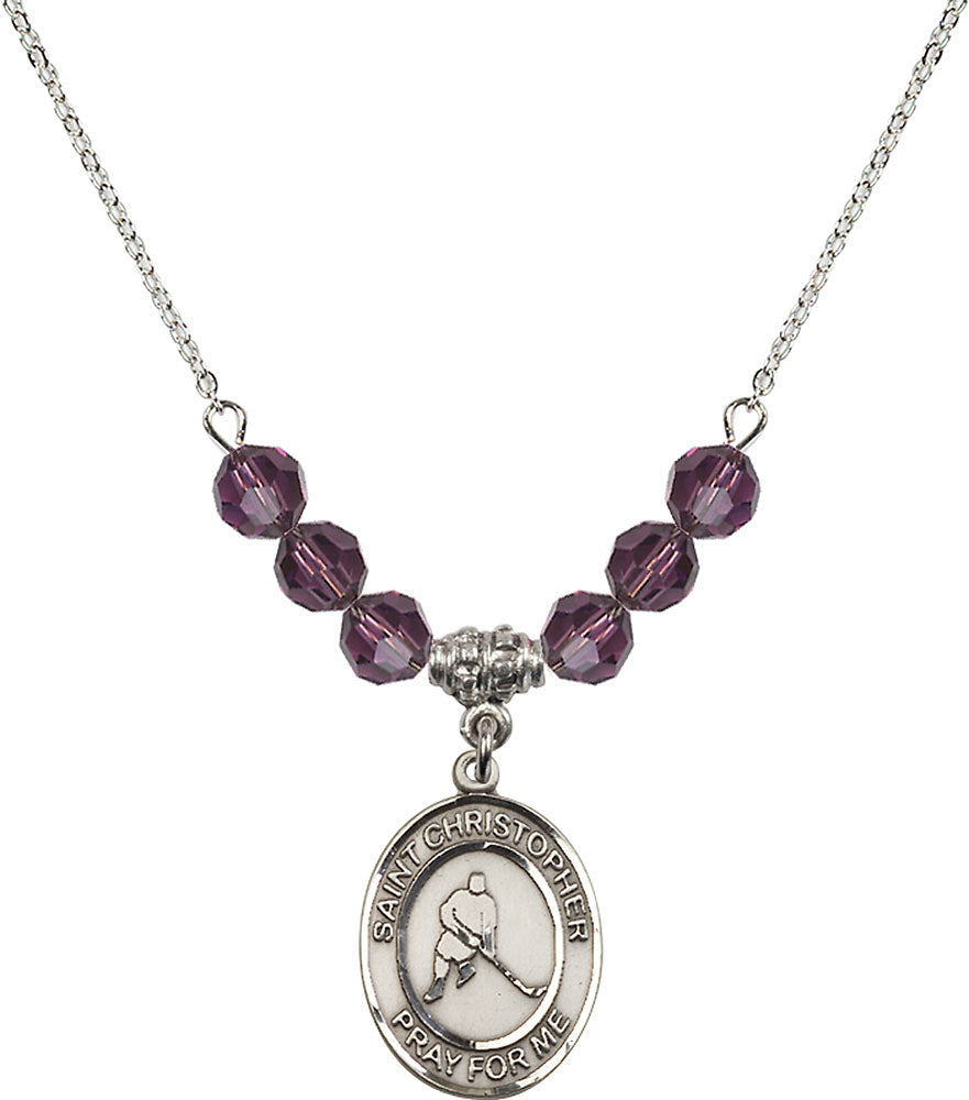Sterling Silver Saint Christopher/Ice Hockey Birthstone Necklace with Amethyst Beads - 8155