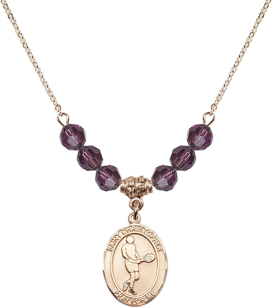 14kt Gold Filled Saint Christopher/Tennis Birthstone Necklace with Amethyst Beads - 8156