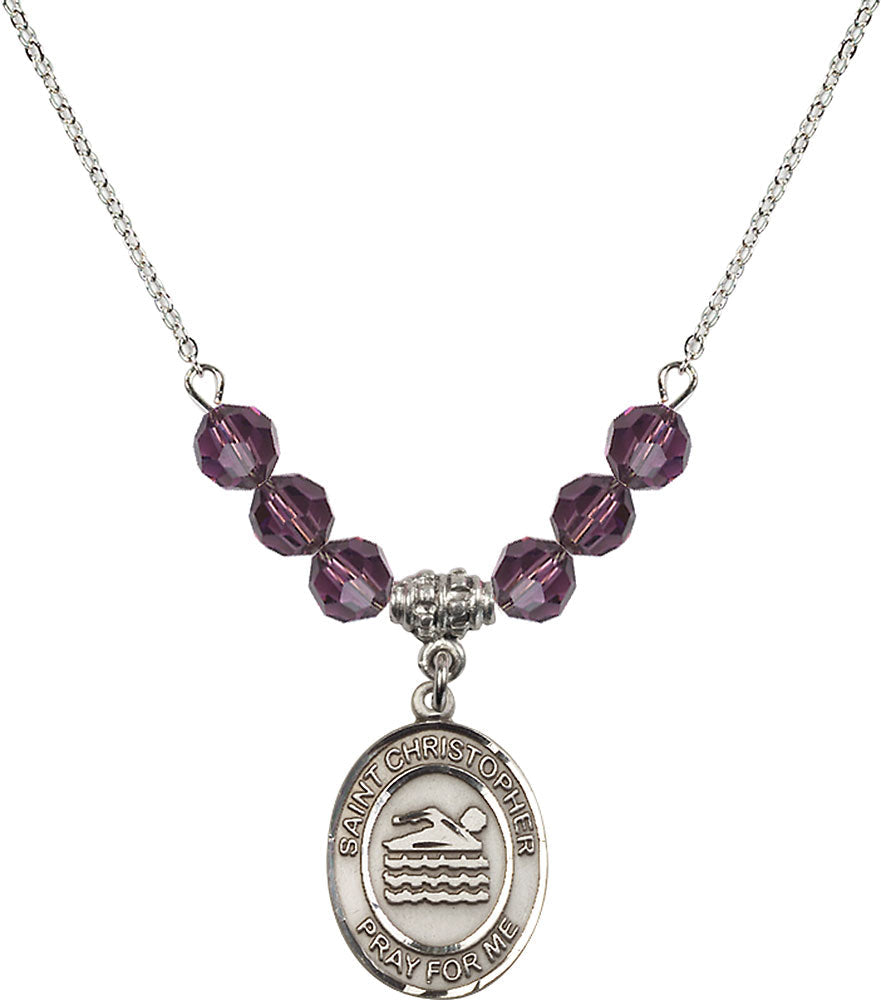 Sterling Silver Saint Christopher/Swimming Birthstone Necklace with Amethyst Beads - 8157