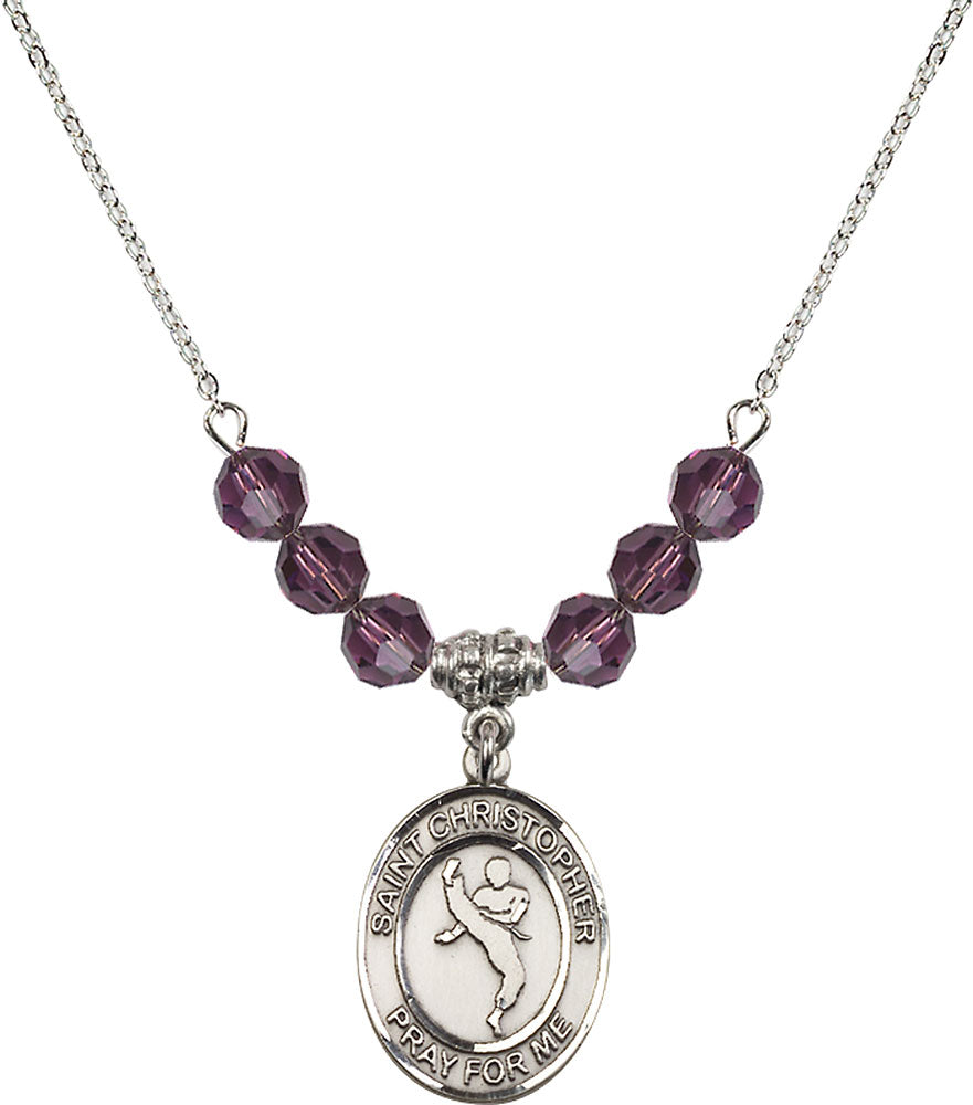 Sterling Silver Saint Christopher/Martial Arts Birthstone Necklace with Amethyst Beads - 8158