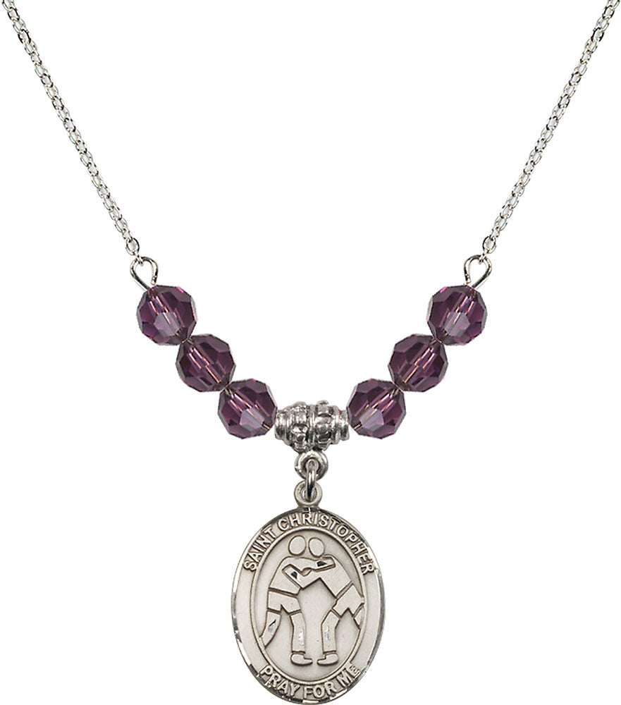 Sterling Silver Saint Christopher/Wrestling Birthstone Necklace with Amethyst Beads - 8159