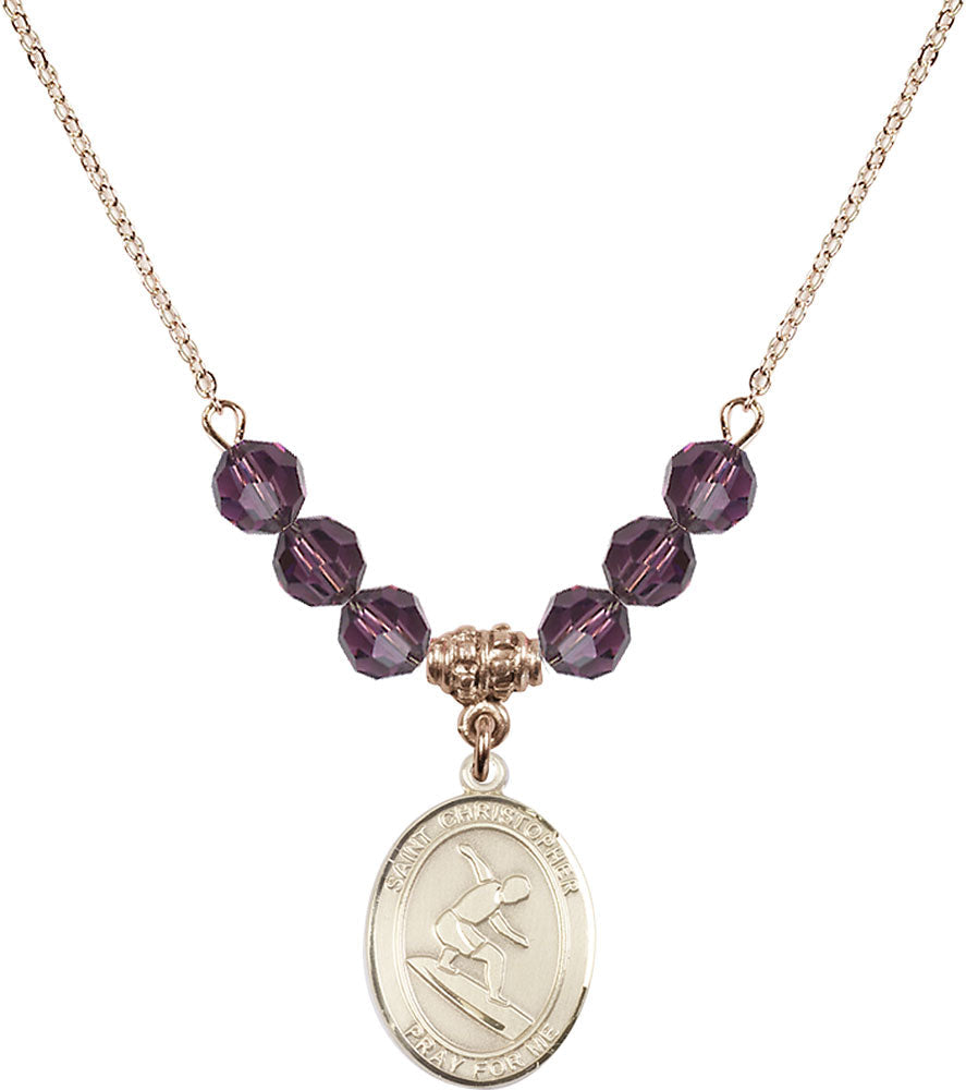 14kt Gold Filled Saint Christopher/Surfing Birthstone Necklace with Amethyst Beads - 8184