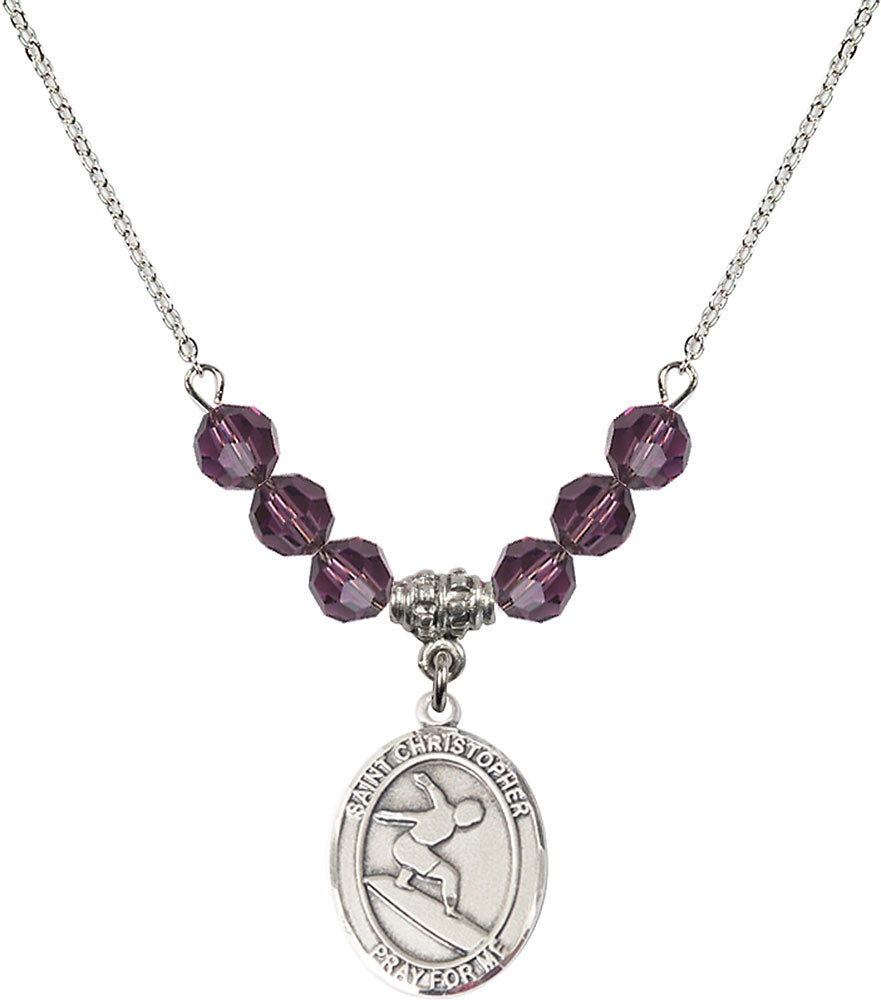Sterling Silver Saint Christopher/Surfing Birthstone Necklace with Amethyst Beads - 8184