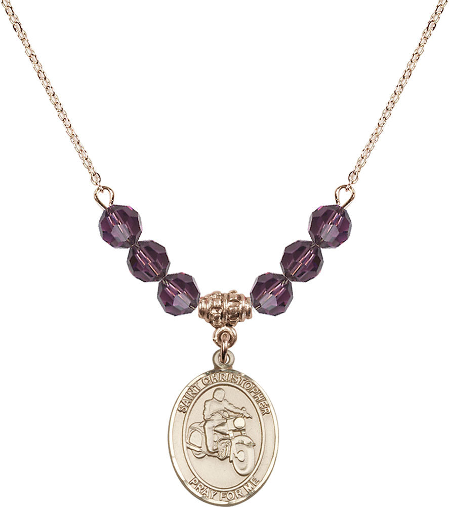 14kt Gold Filled Saint Christopher/Motorcycle Birthstone Necklace with Amethyst Beads - 8185