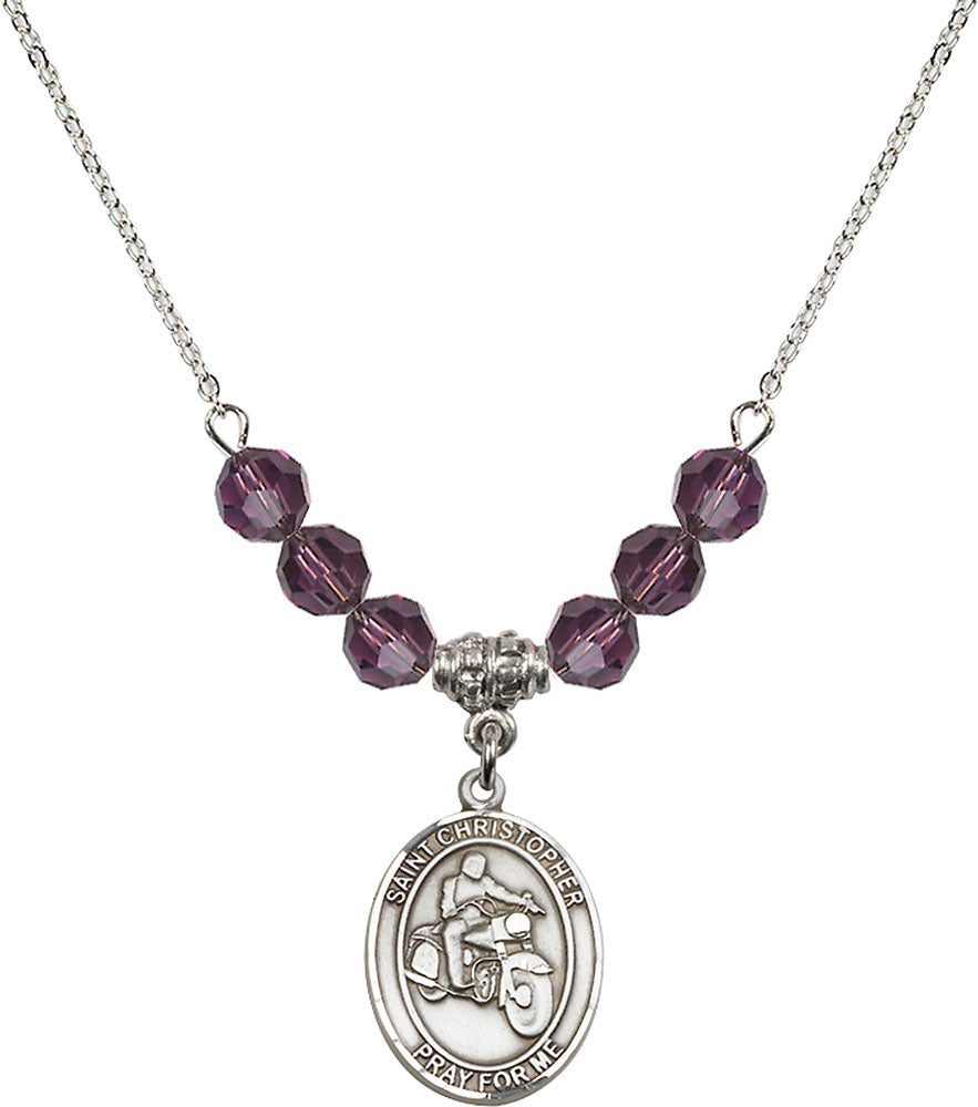 Sterling Silver Saint Christopher/Motorcycle Birthstone Necklace with Amethyst Beads - 8185