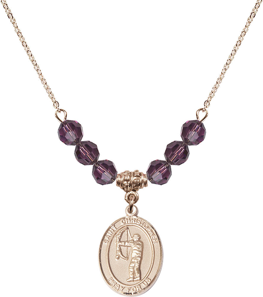 14kt Gold Filled Saint Christopher/Archery Birthstone Necklace with Amethyst Beads - 8190